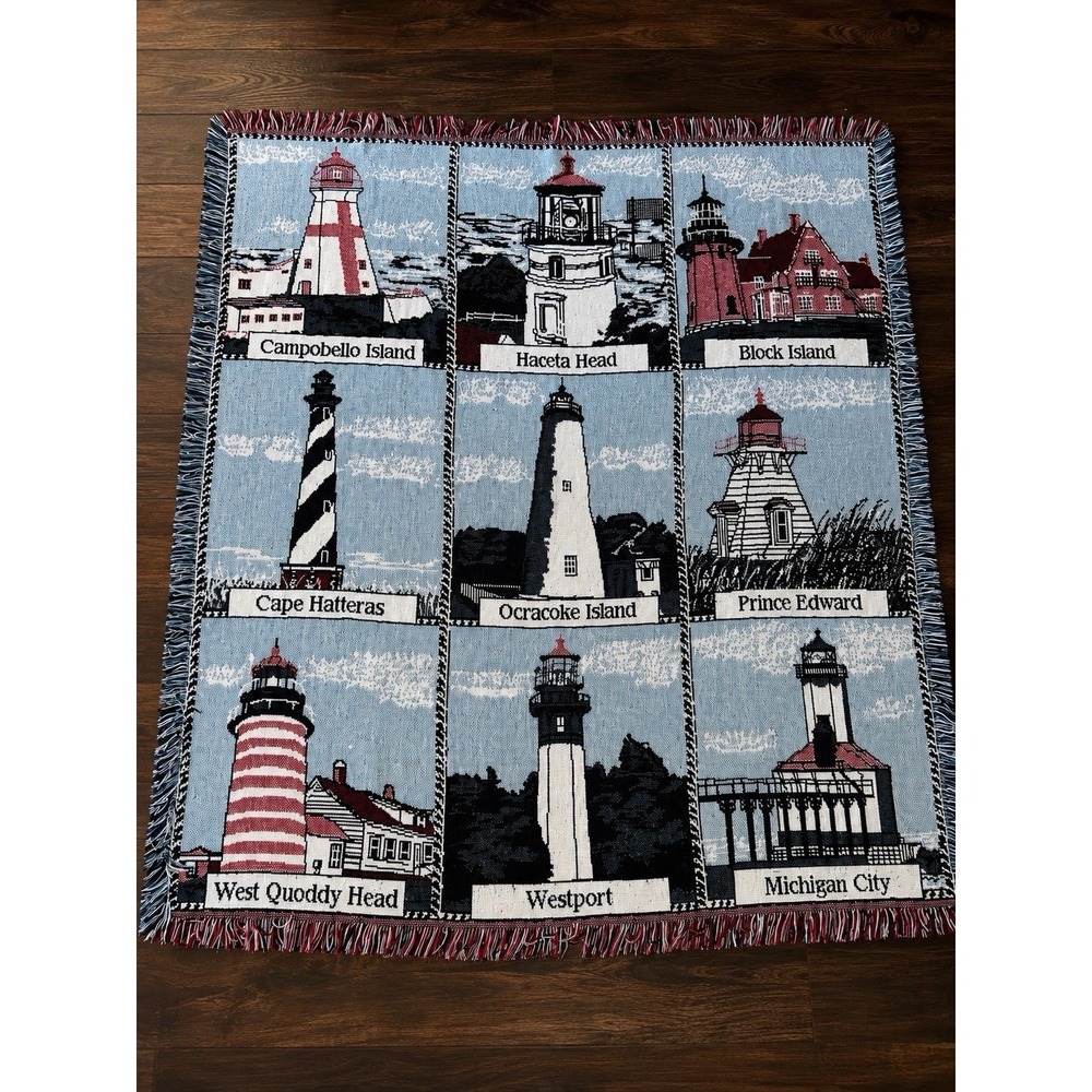 VTG HISTORICAL Lighthouse Woven Tapestry Throw Blanket USA 48x56 Nautical Beach